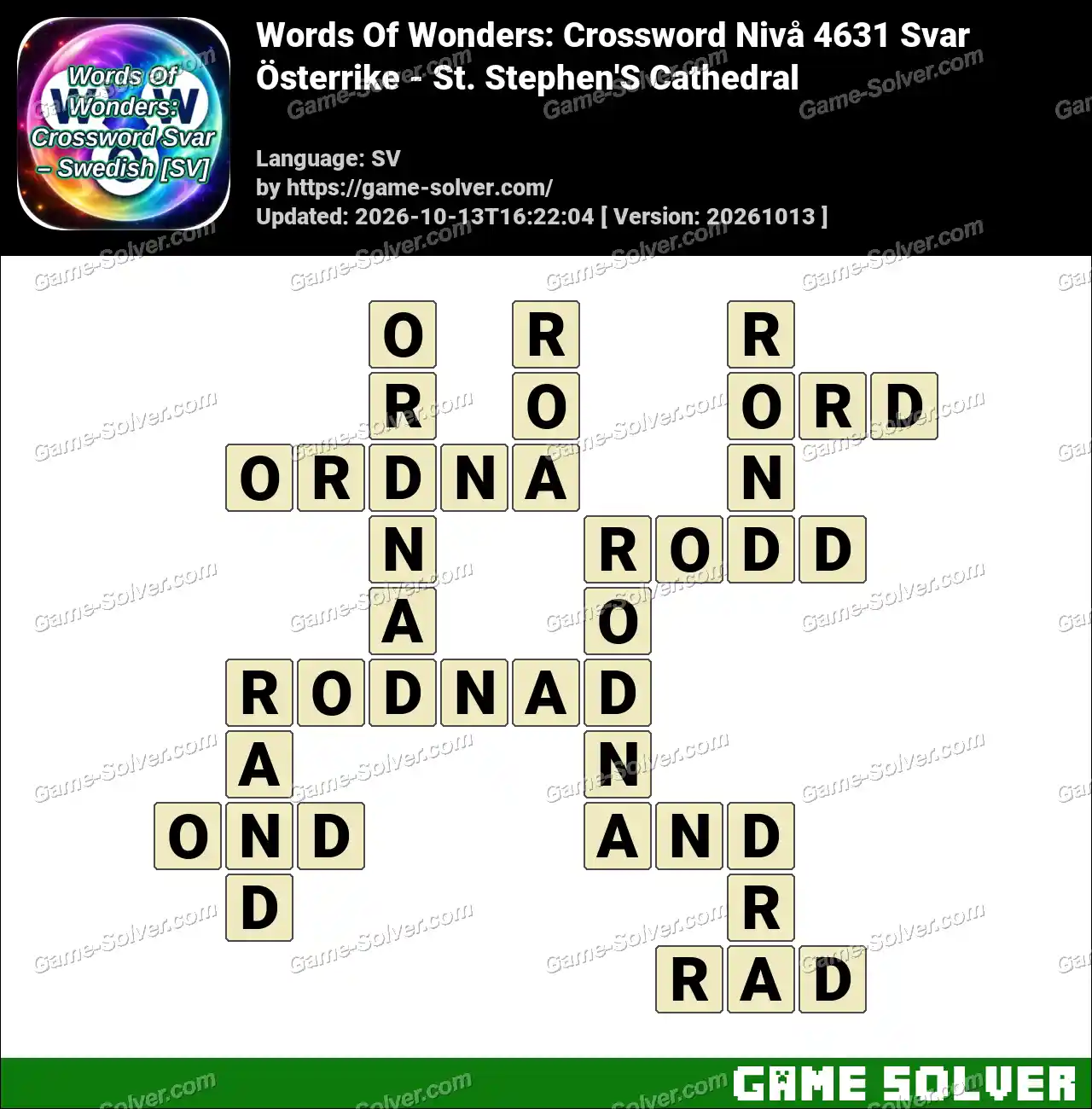 Words Of Wonders: Crossword Nivå 4631 Svar – Österrike – St. Stephen’S Cathedral